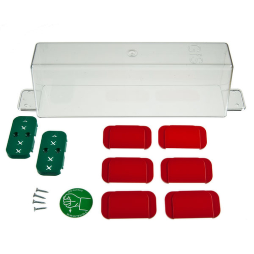 kit de capots de protection de poignée de porte d'issue de secours GfS Typ E, 1 capot, 2 sous-plaques vertes, 6 surplaques rouges, 1 pictogramme