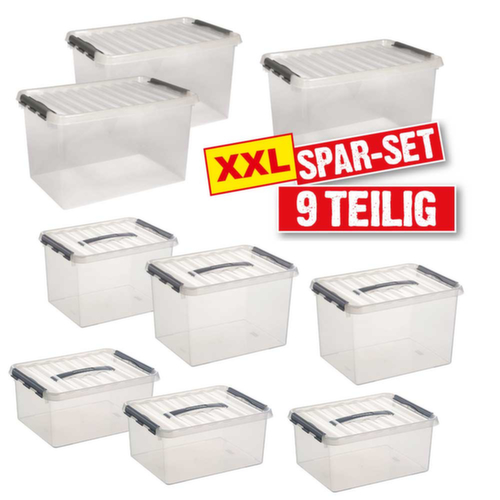 Coffret de rangement 9 pcs + empilable, transparent, couvercle indépendant  L