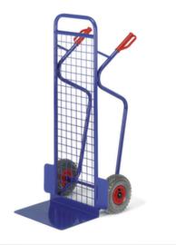 Rollcart diable pour caisses avec paroi arrière grillagée très haute, force 250 kg, air bandage