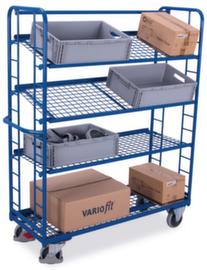 VARIOfit Chariot à étagères avec tablettes grillagées inclinables, force 250 kg, 4 plateaux