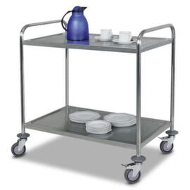 Chariot pour l'alimentaire acier inoxydable avec plateaux insonorisés, force 60 kg, 2 plateaux