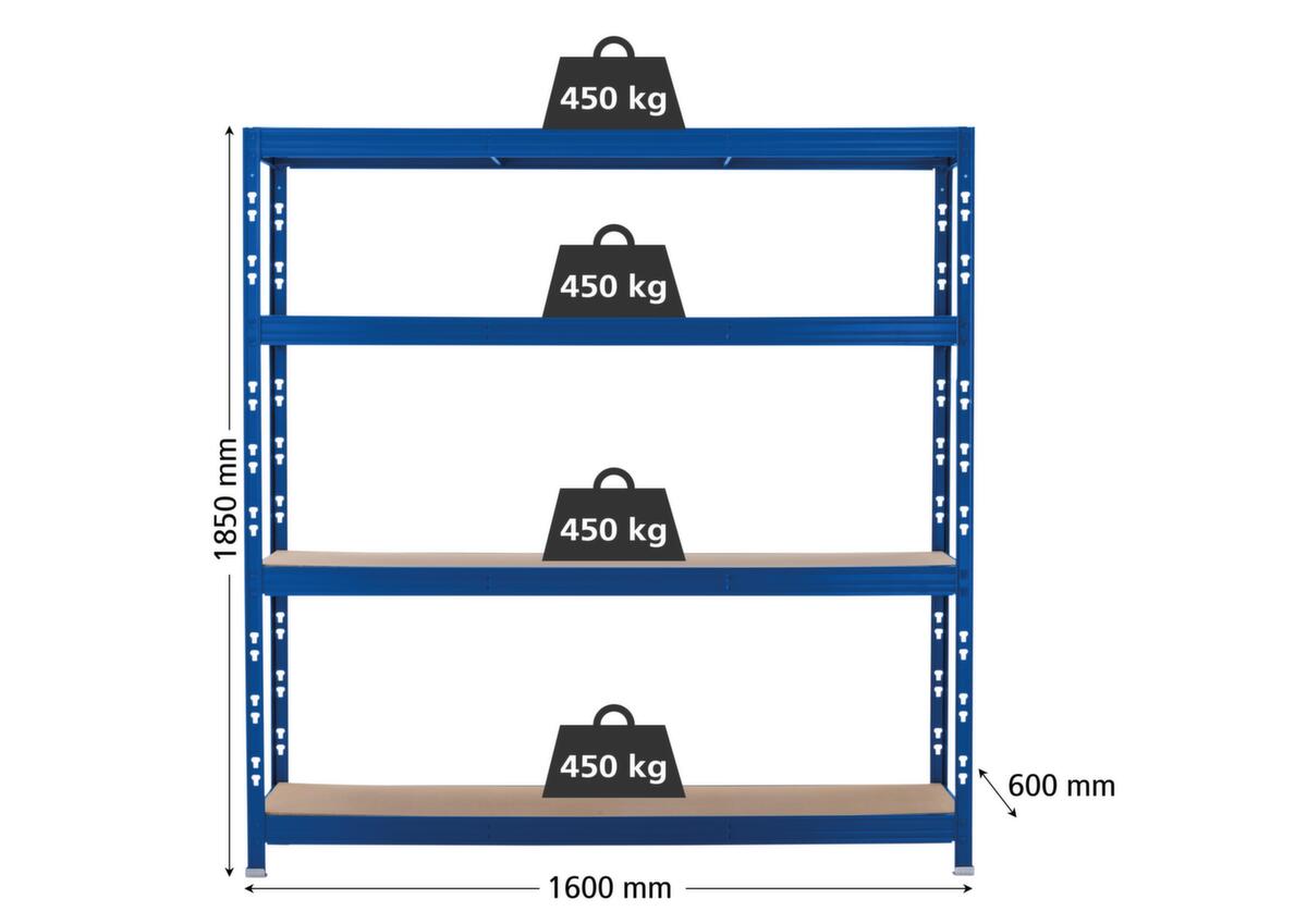 UDOBÄR Rayonnages pour fortes charges, hauteur x largeur x profondeur 1850 x 1600 x 600 mm, 4 tablettes  ZOOM